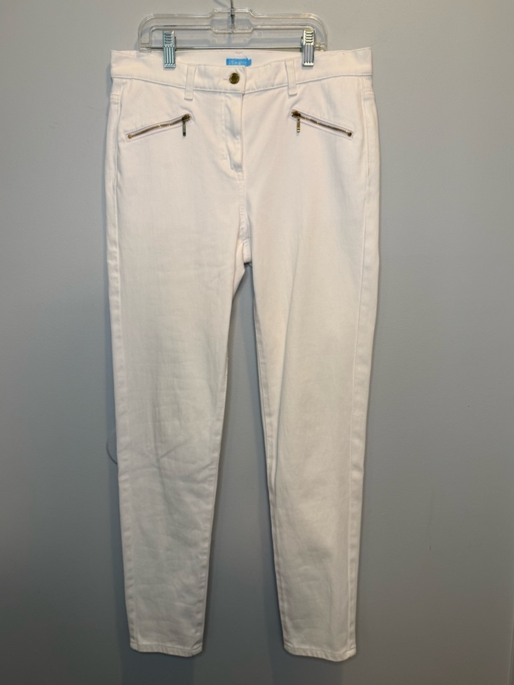 J. McLaughlin White Skinny Ankle Pants Gold Zipper Pockets Size 6 Preppy Coastal